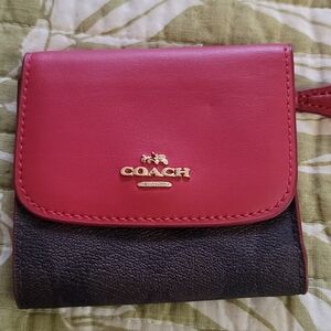 Coach Signature Brown Canvas With True Red Leather Trim Wallet.